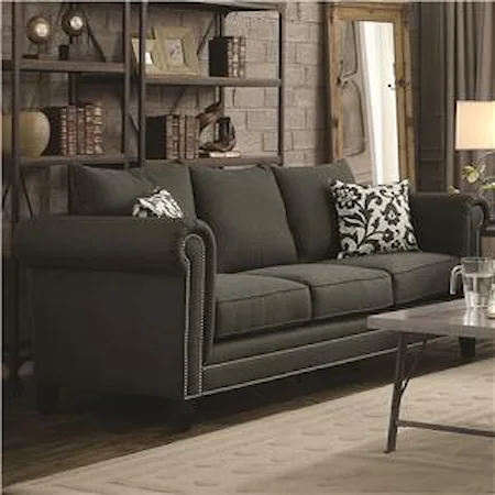 Transitional Rolled Arm Sofa with Pewter Nailheads